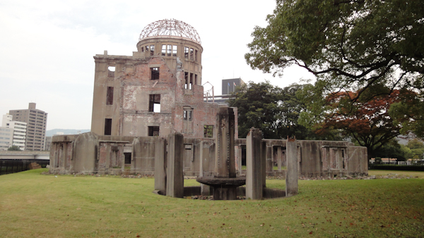 the bomb dome building from a distance.  it is only stone walls with the metal frame of a dome at the top